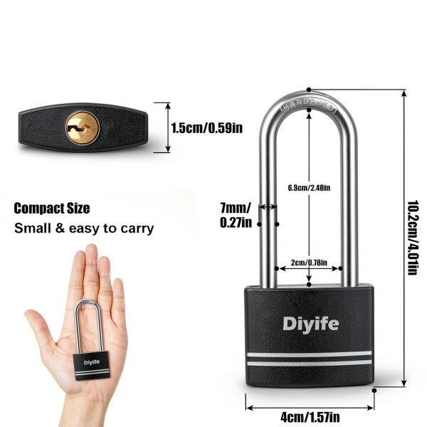 Aluminum Padlock Diyife Upgrade Version Long Shackle with 2 Keys Black-4
