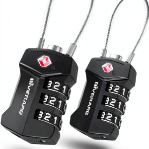 2 Pack TSA Approved Travel Luggage Locks, Cable Combination Lock Alloy, Metal Keyless 3-Digit Padlocks, Weatherproof TSA Accepted Padlock for Gym Locker, Golf Bag Case, Backpack, Black-by GIVERARE-0