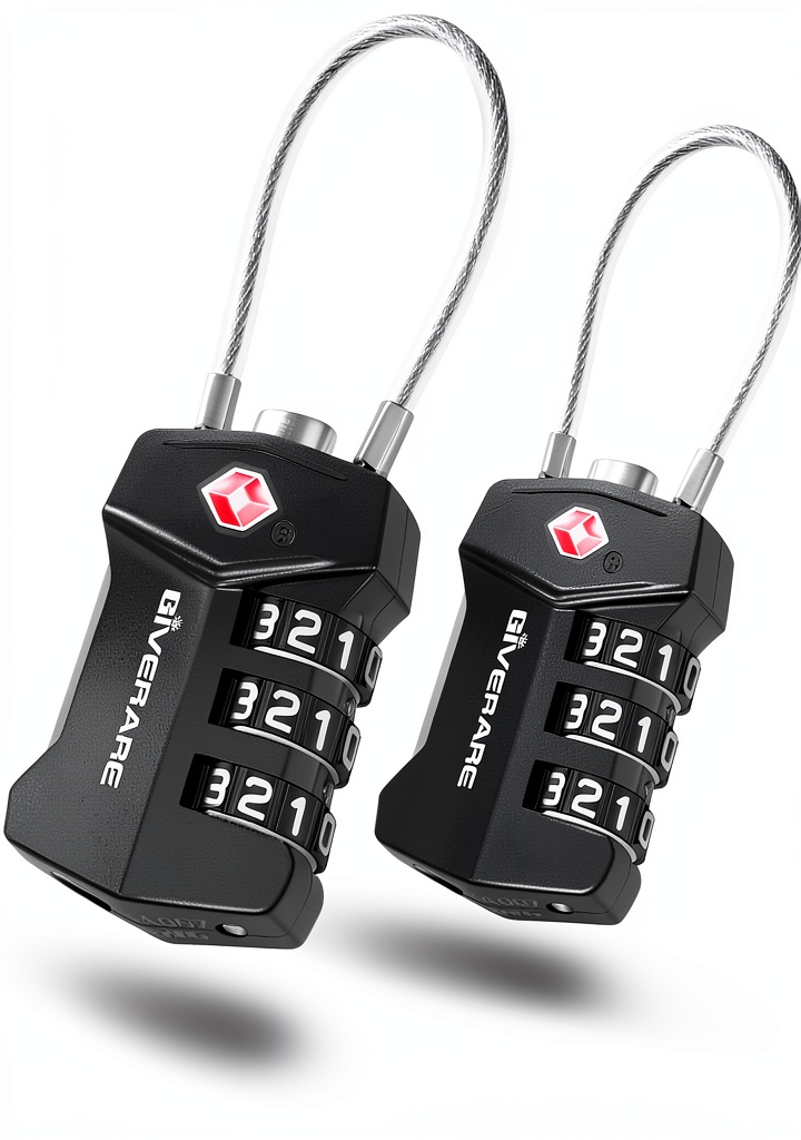 Installing 2 Pack TSA Approved Travel Luggage Locks, Cable Combination Lock Alloy, Metal Keyless 3-Digit Padlocks, Weatherproof TSA Accepted Padlock for Gym Locker, Golf Bag Case, Backpack, Black-by GIVERARE on a wooden desk