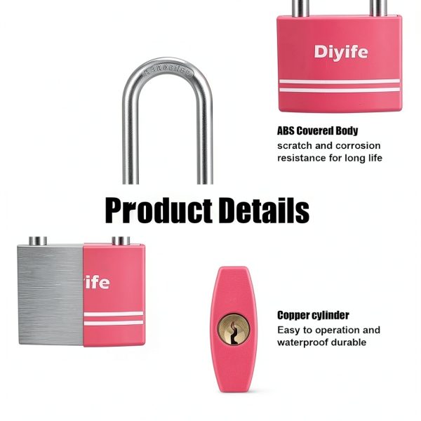Diyife Padlock 2 Pack Long Shackle Aluminum Keyed Padlock Pink-3